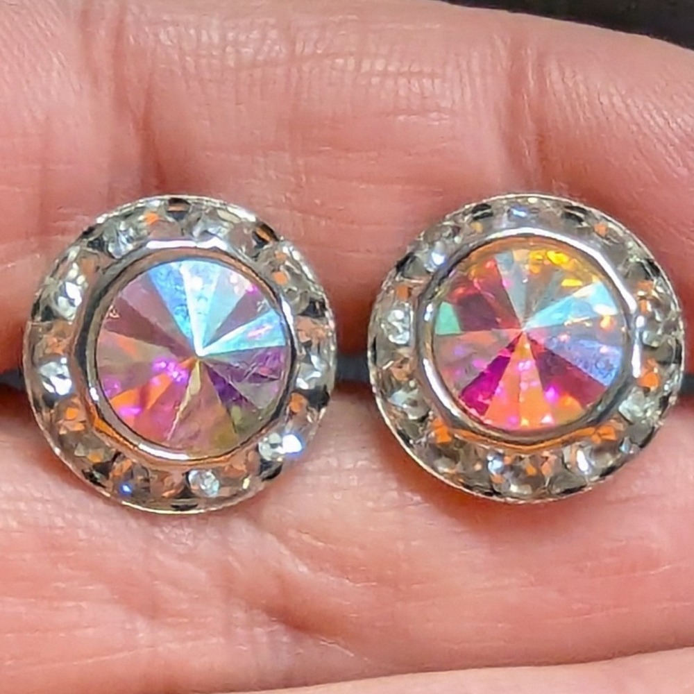 New Aurora Borealis AB Halo Rhinestones Clip On Earrings Silver PLated Wedding